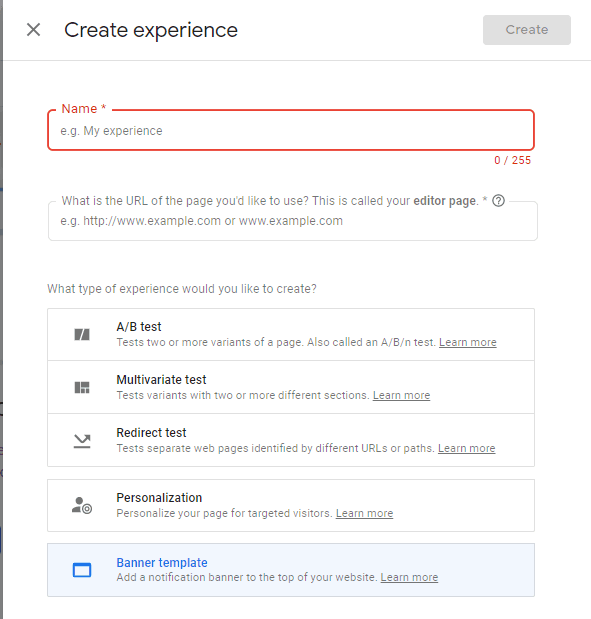 Create experience screen