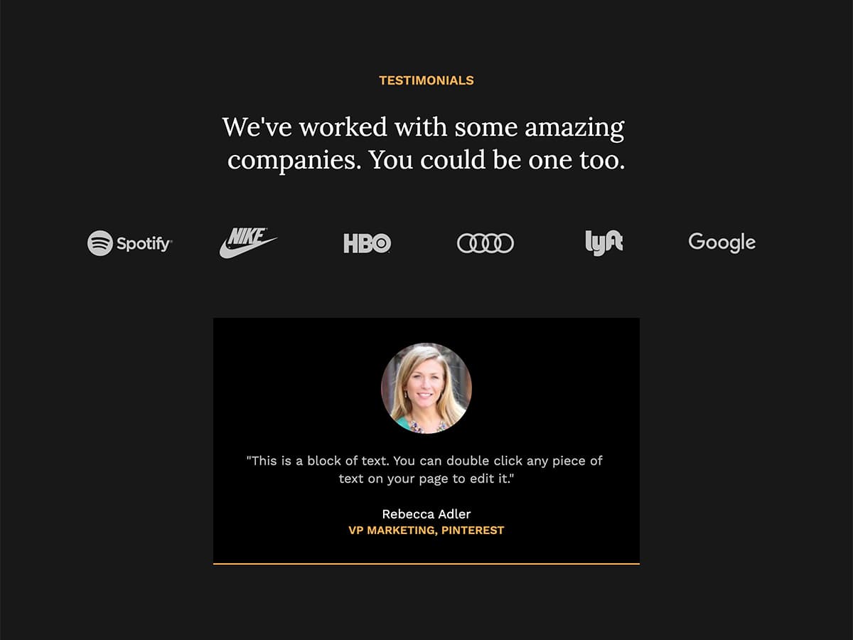 Monochromatic Makeswift agency template client logos and testimonials