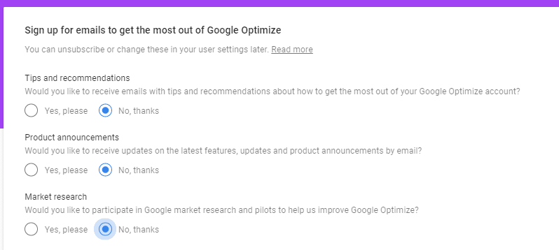 Email preference screen