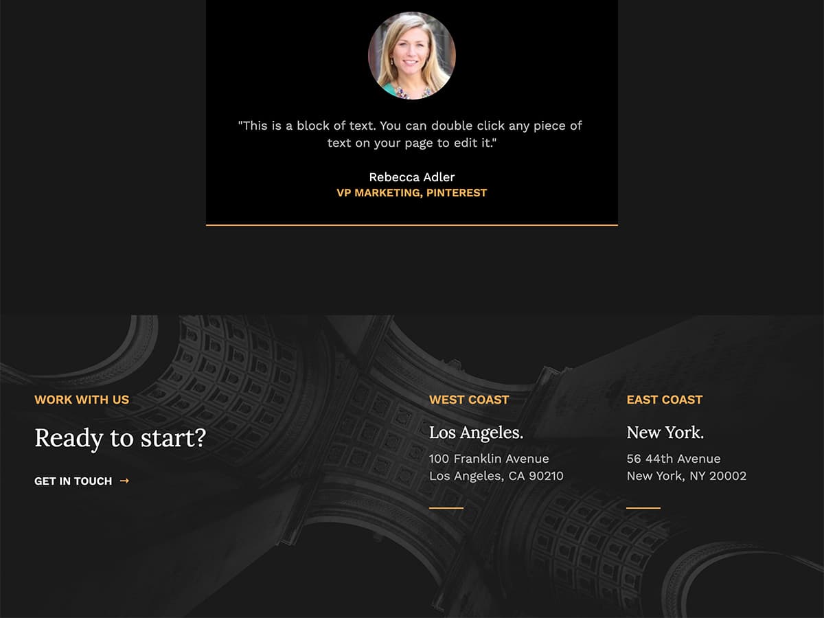 Monochromatic Makeswift agency template call to action and locations